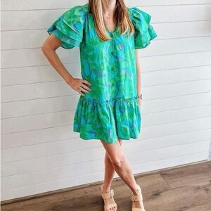 Peach Love Vibrant Green and Blue Mini Dress